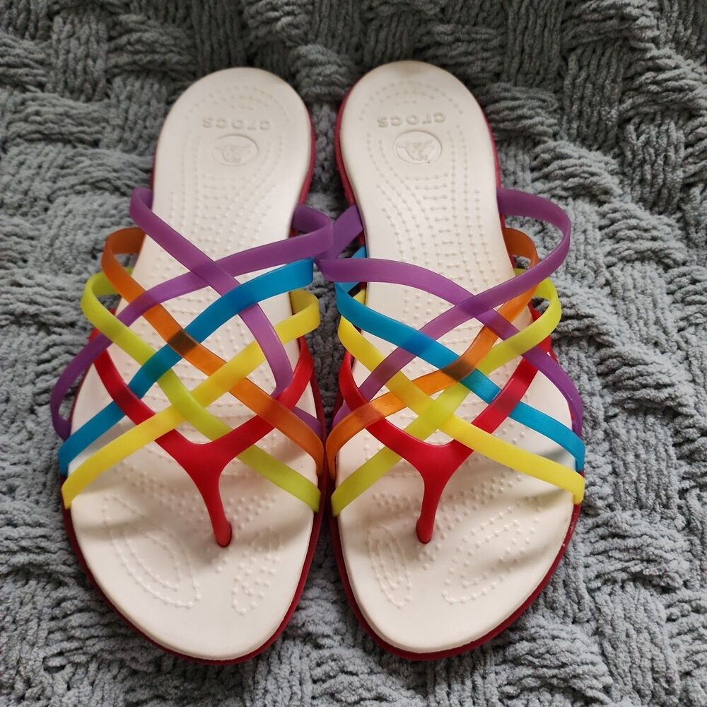Crocs Huarache Women’s Size 9  Jelly Rainbow Multicolor Strappy Sandals Comfort